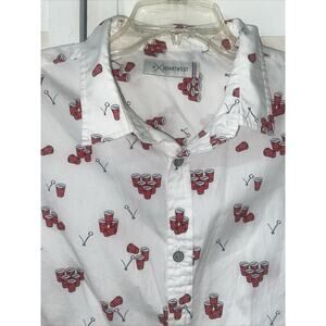 Departwest Beer Pong Short Sleeve Button Up Shirt White Red Men's Size Medium